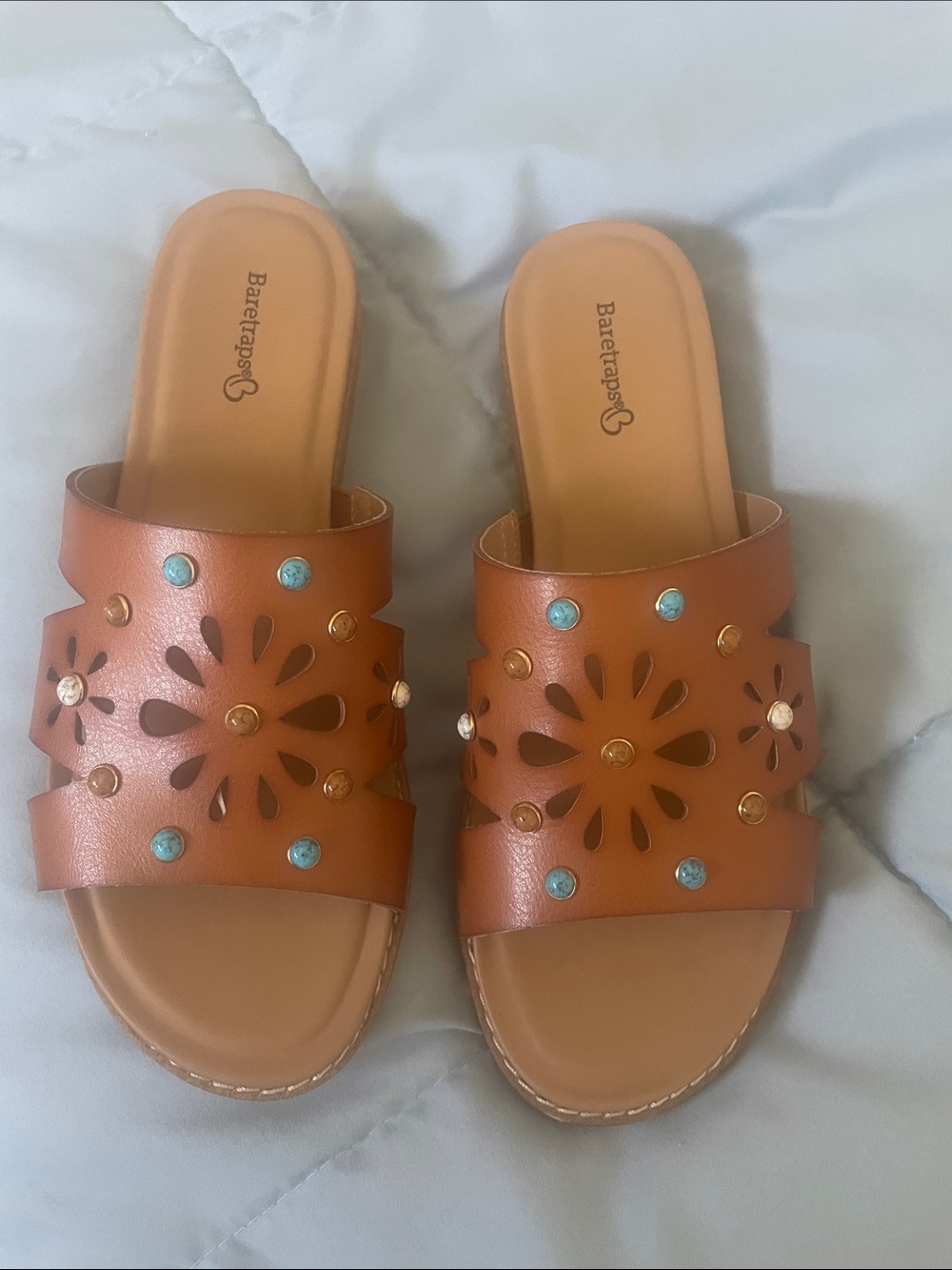 BareTraps Brown Slide Sandals with Turquoise and Gold Studs